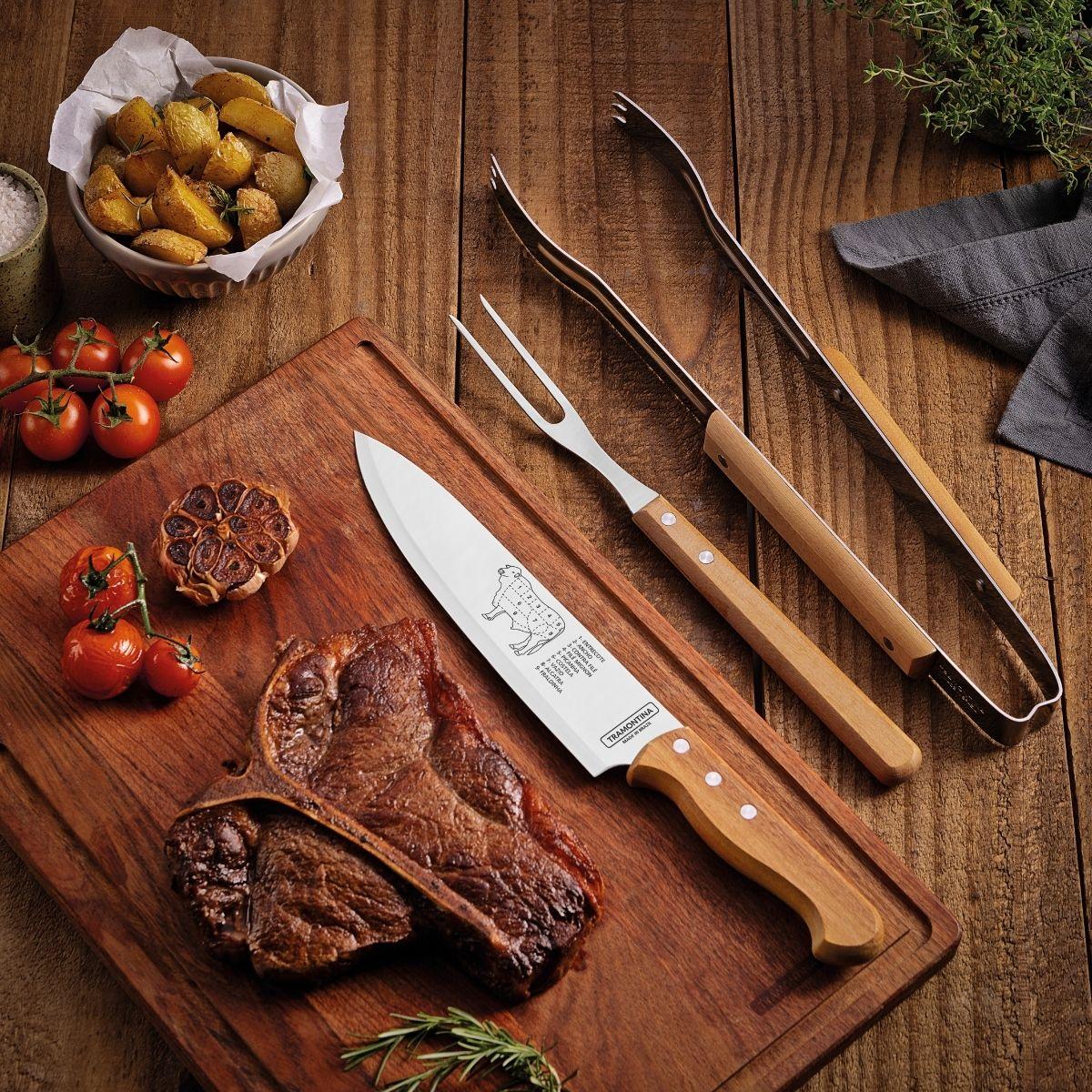 Jogo para Churrasco Tramontina em Aço Inox e Madeira 3 Peças