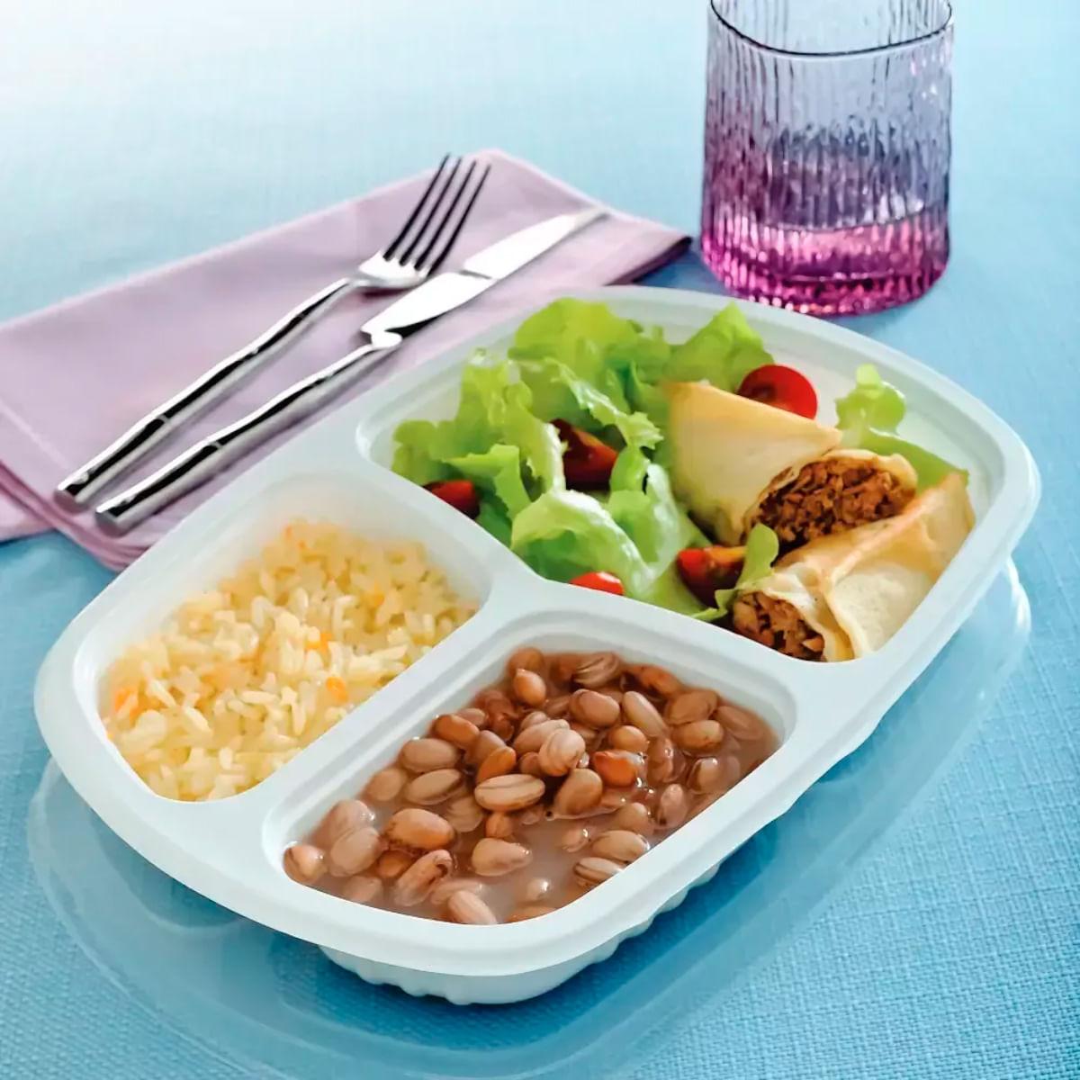 100un Bandeja Refeição com 3 Divisórias 850ml G331 Branco Freezer Microondas Galvanotek