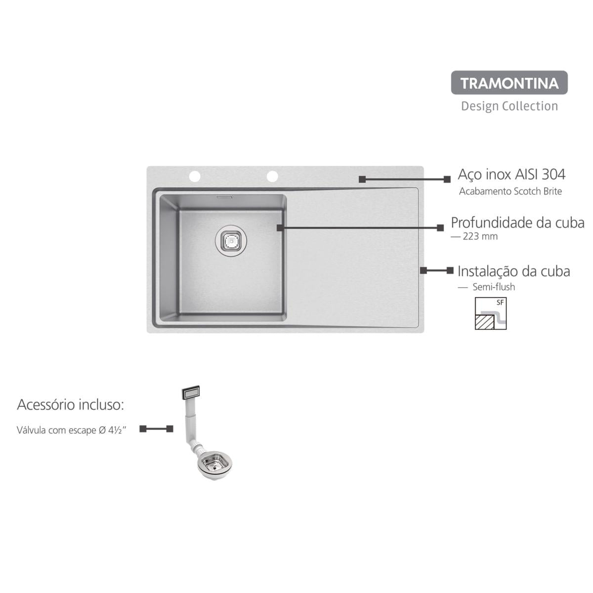 Cuba de Sobrepor Tramontina Smooth 1C 40 EX em Aço Inox com Acabamento Scotch Brite 86 x 52 cm com 1 Furo para Torneira OUTLET