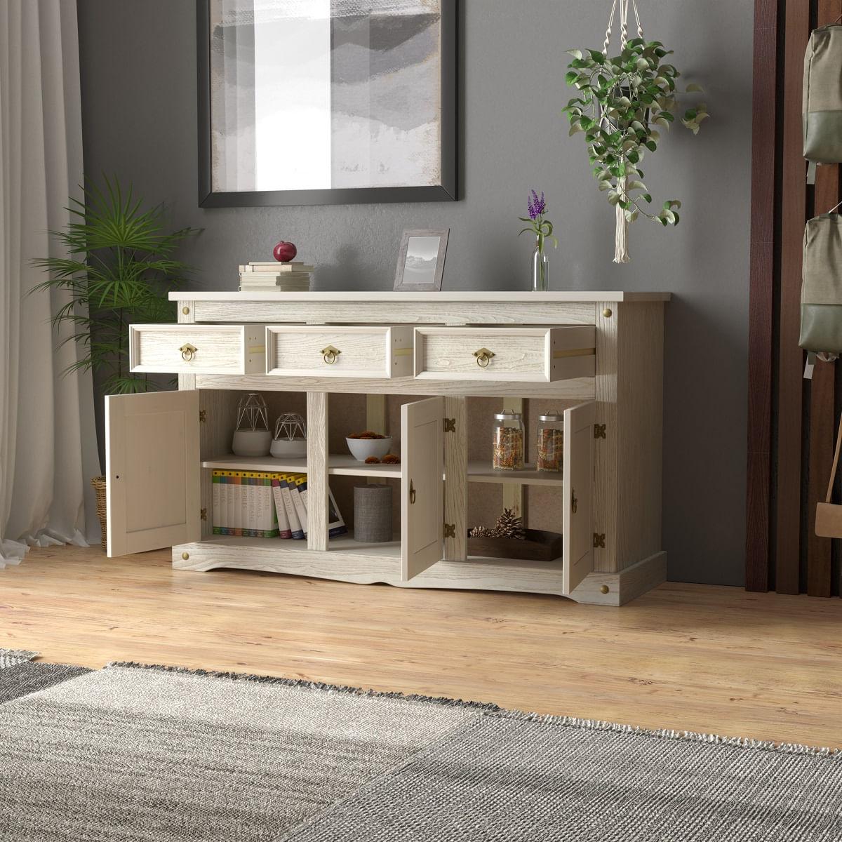 Aparador Buffet em Madeira 3 Portas 3 Gavetas 150 cm Patina Branca Elliottiis
