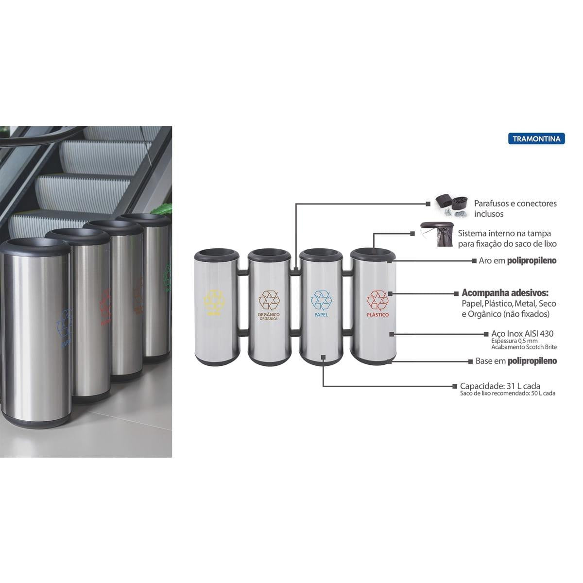 Conjunto de Lixeiras para Coleta Seletiva Tramontina Cápsula Selecta em Aço Inox 4 x 31 L