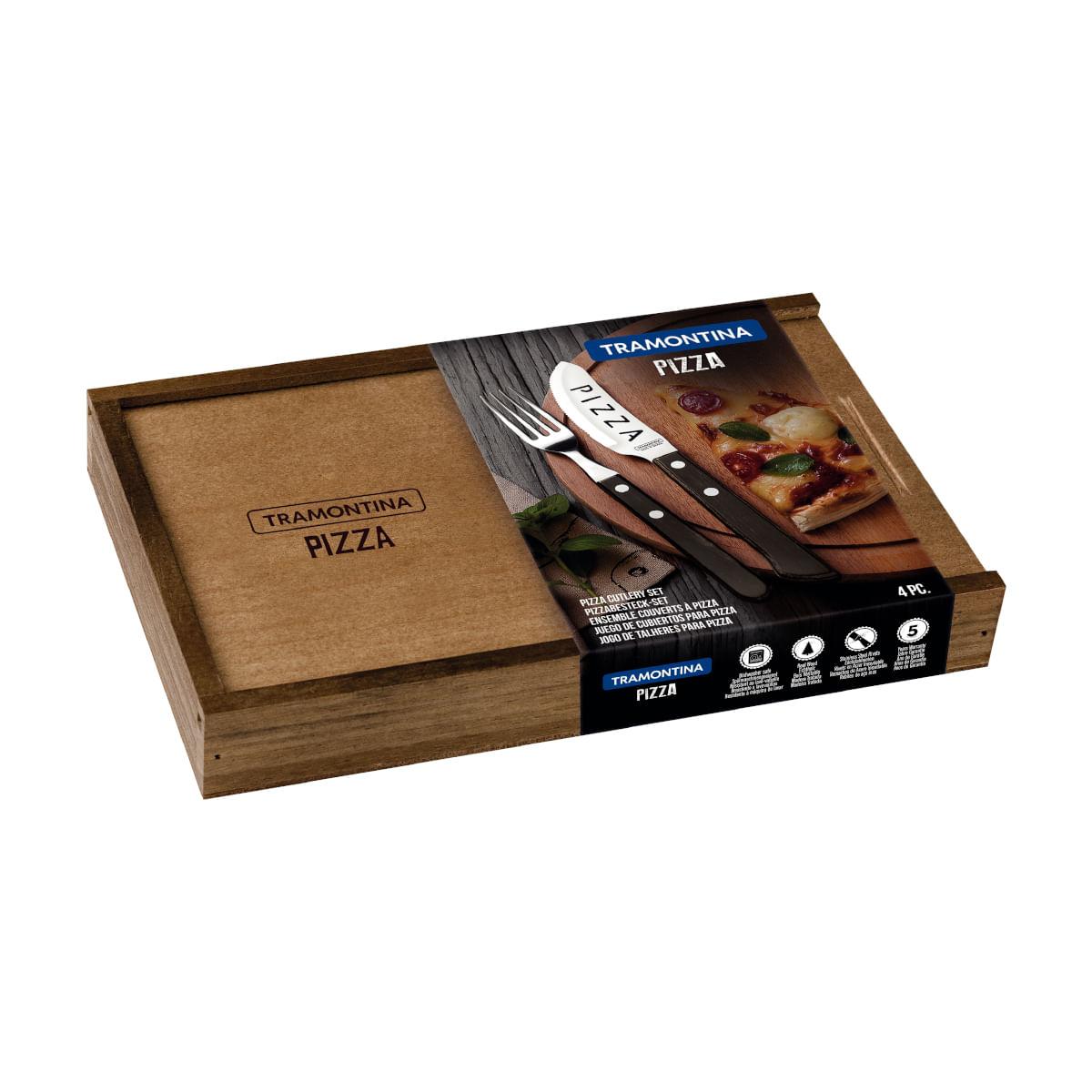 Jogo de Talheres para Pizza 4 peças Tramontina Aço Inox Cabo Castanho Estojo de Madeira