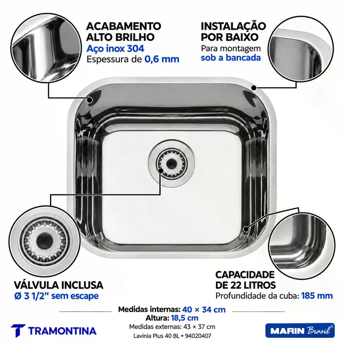 Cuba Tramontina Lavínia Plus 40 BL Inox Alto Brilho 40 x 34 cm Válvula 3 1/2 pol
