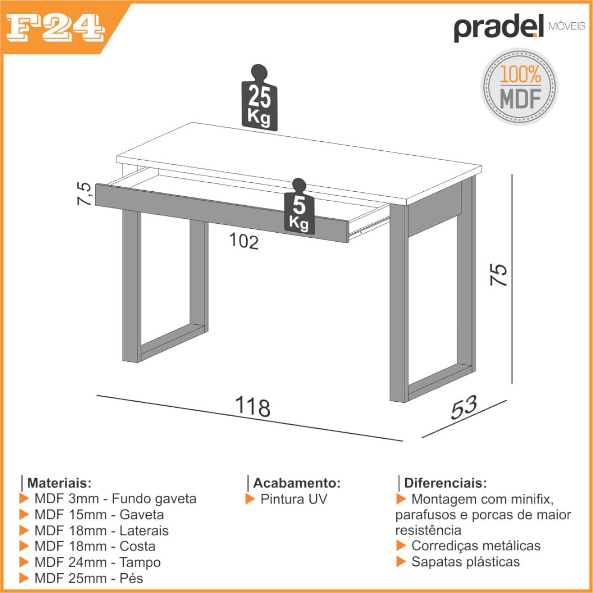 Mesa de Escritório 1 Gaveta 118 x 53 x 75 cm F24 Industrial Dalla Costa Freijó/Preto