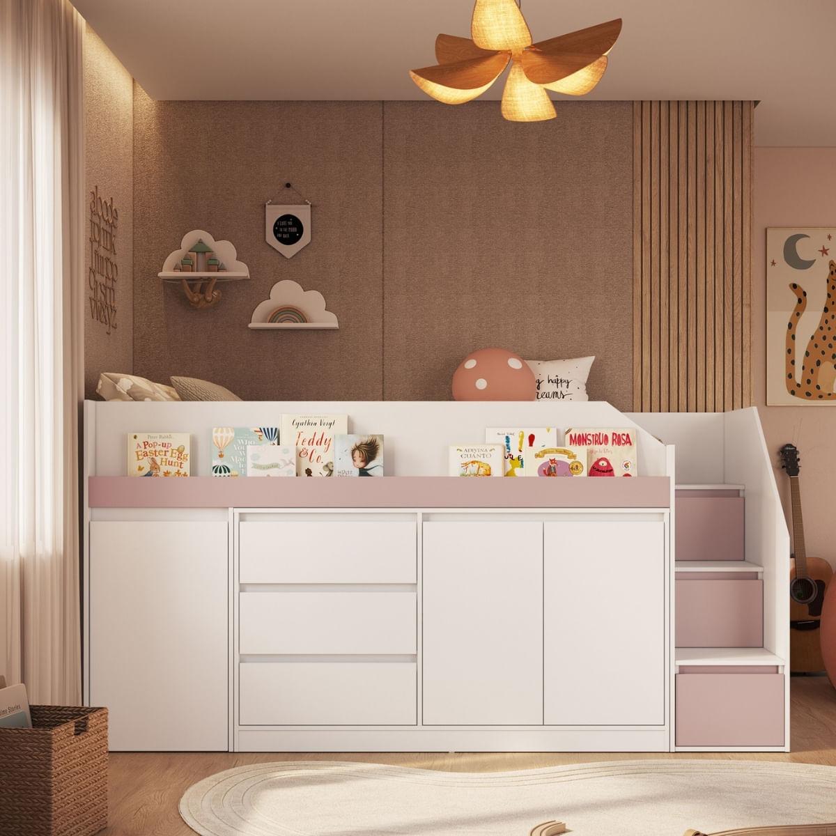 Cama Infanto Juvenil com Escrivaninha e Balcão Branco e Rosa Completa Móveis
