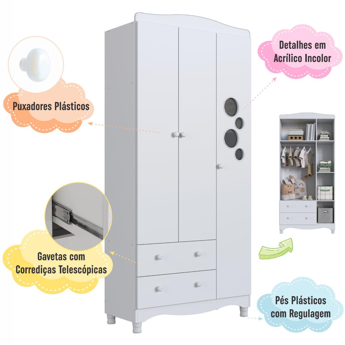 Guarda Roupas Infantil 3 Portas e 2 Gavetas 91x40x198 cm Branco Completa Móveis