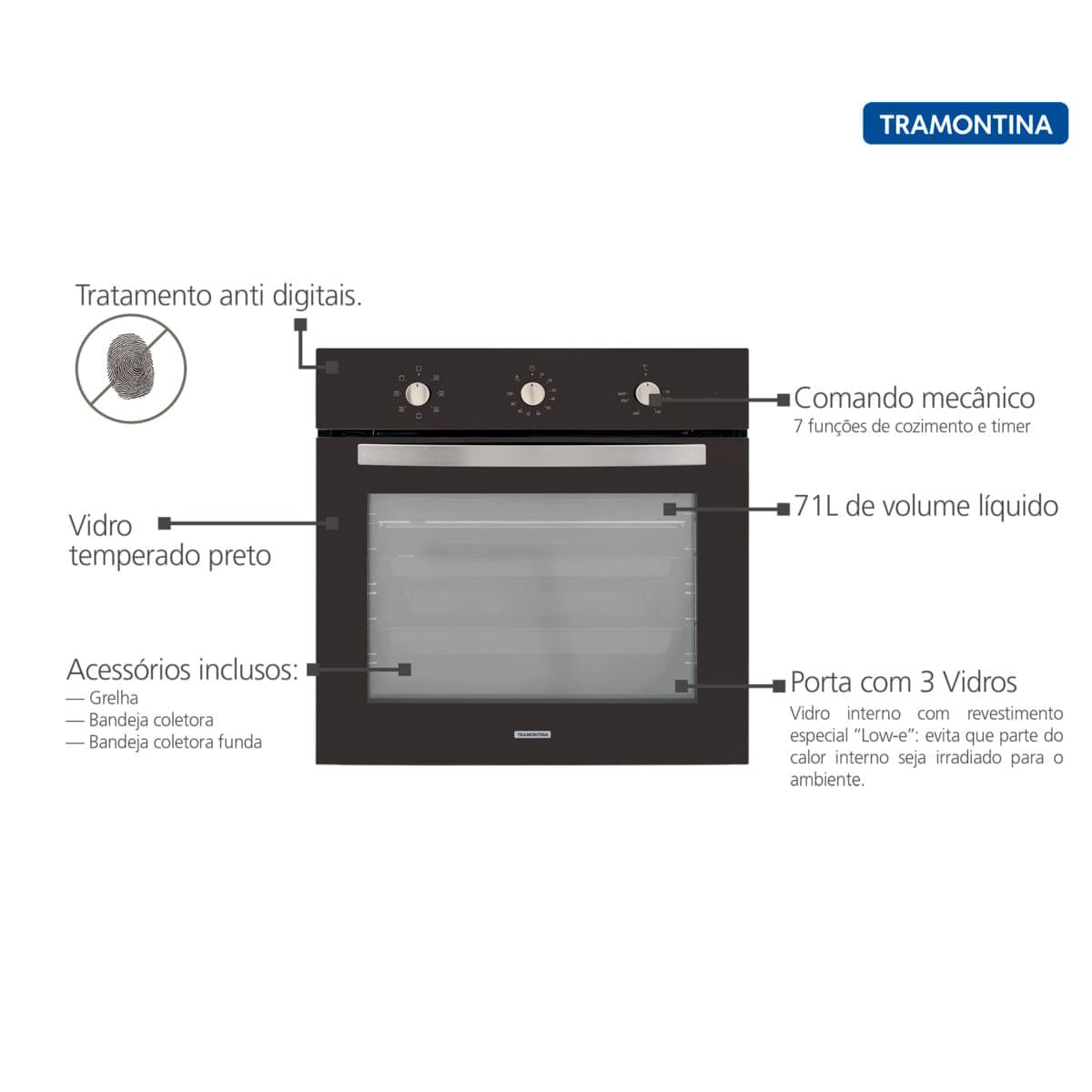 Forno Elétrico de Embutir Tramontina New Glass Cook Preto 7 Funções 71L 94867220