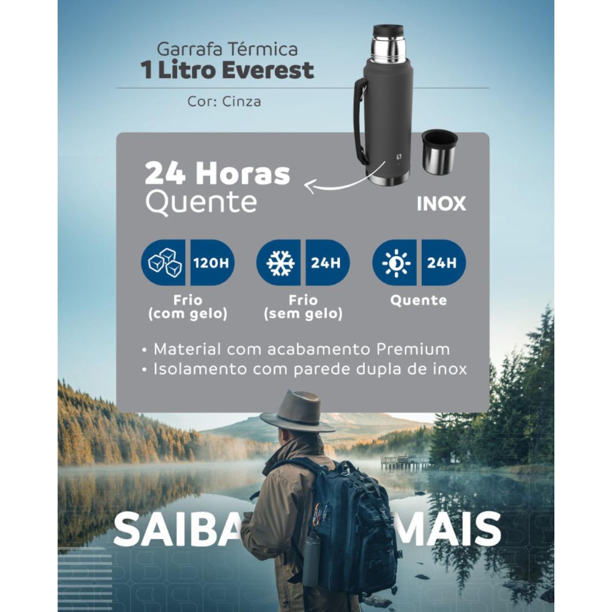 Garrafa Térmica 1 Litro Everest Cinza Soprano em Aço Inox
