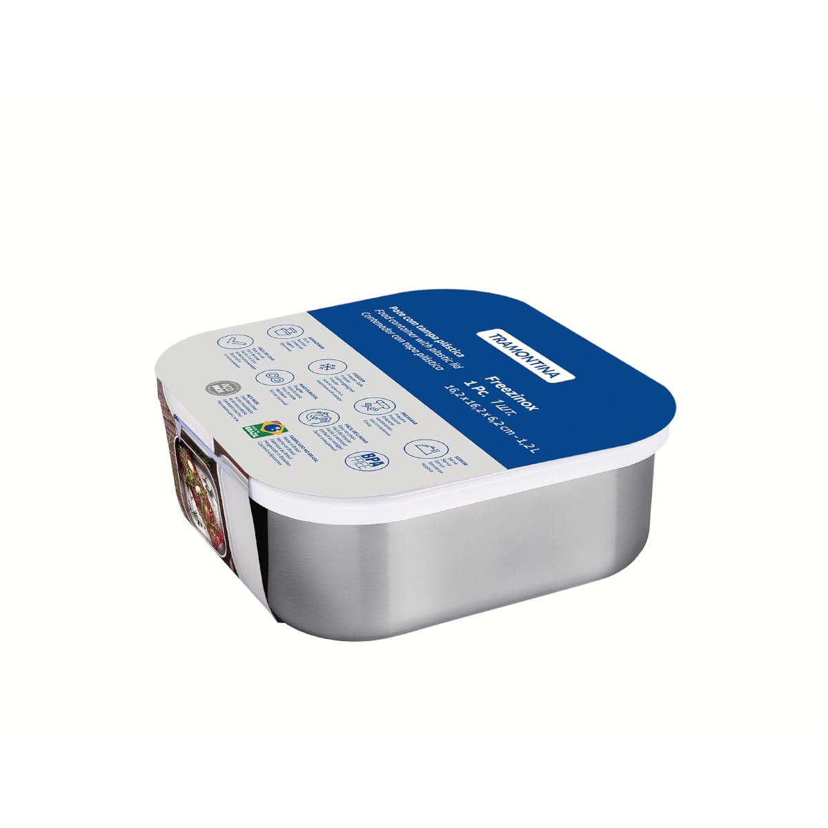 Pote Tramontina Freezinox em Aço Inox Quadrado com Tampa Plástica 16 cm 1,2 L