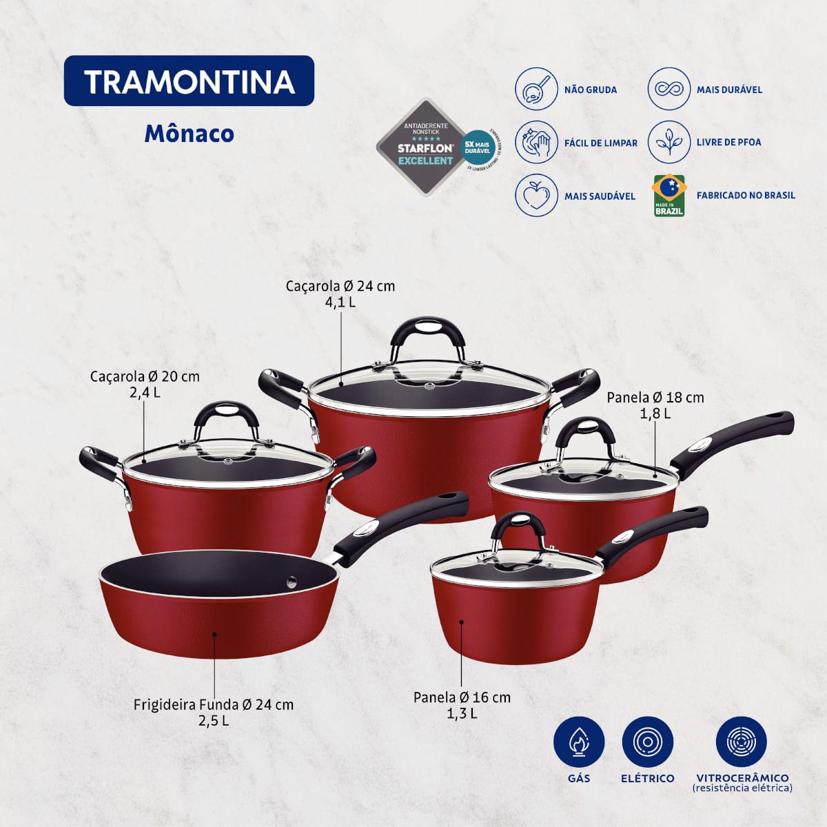 Jogo de Panelas Tramontina Mônaco Antiaderente Starflon Vermelho 5 Peças