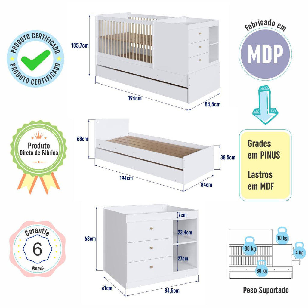 Berço Cama com Cômoda e Cama Auxiliar Branco Completa Móveis
