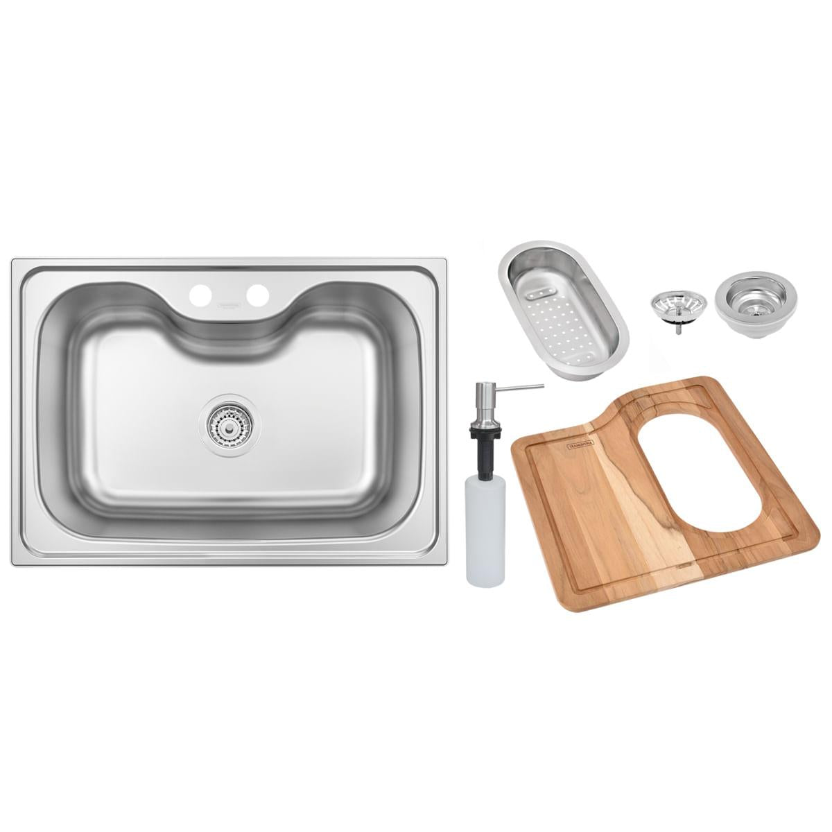 Cuba Tramontina Undermount Morgana em Aço Inox Acetinado 69 x 49 cm com Dosador de Sabão, Tábua e Cesto Coador