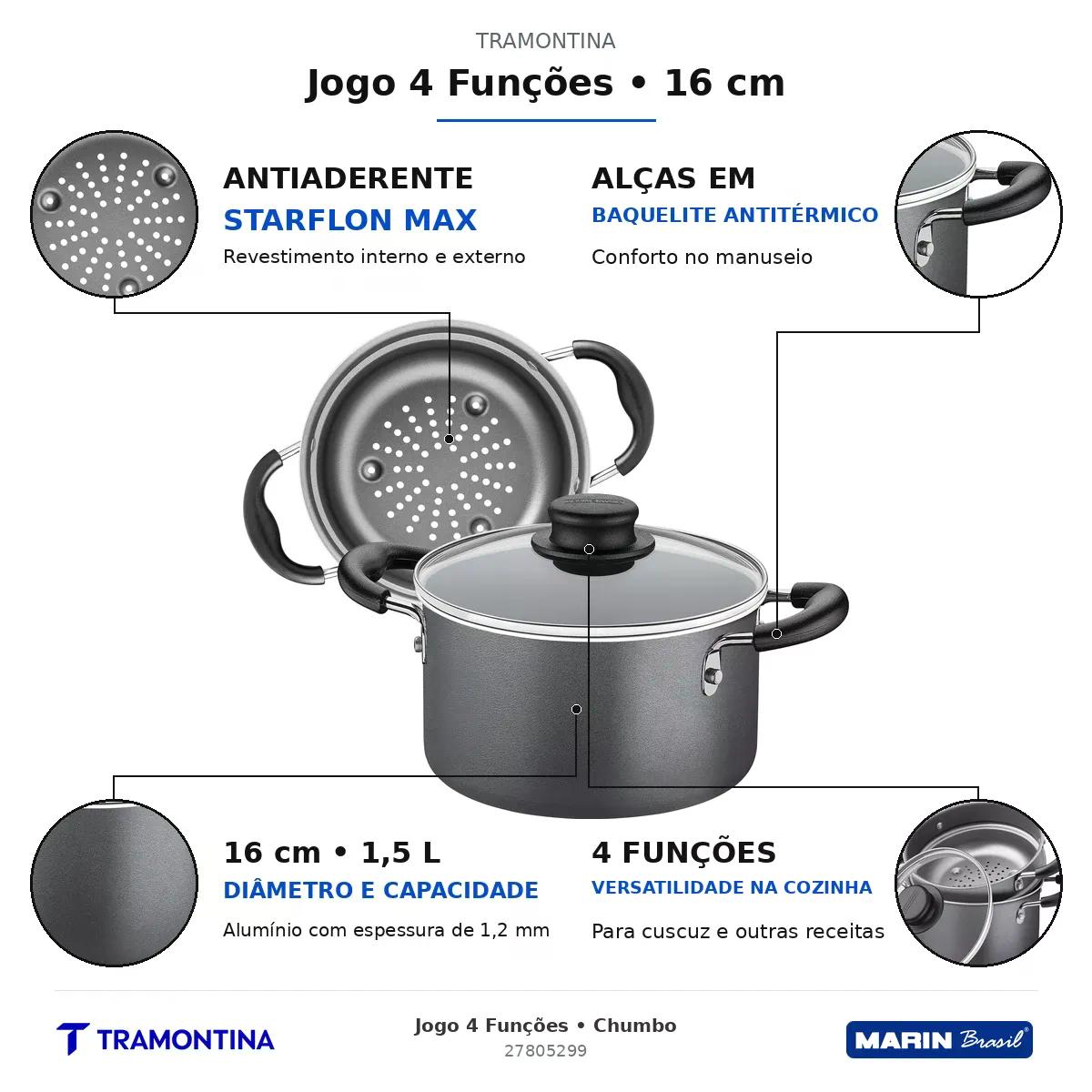 Jogo 4 Funções Tramontina Antiaderente Starflon Max Chumbo 16 cm 1,5 L