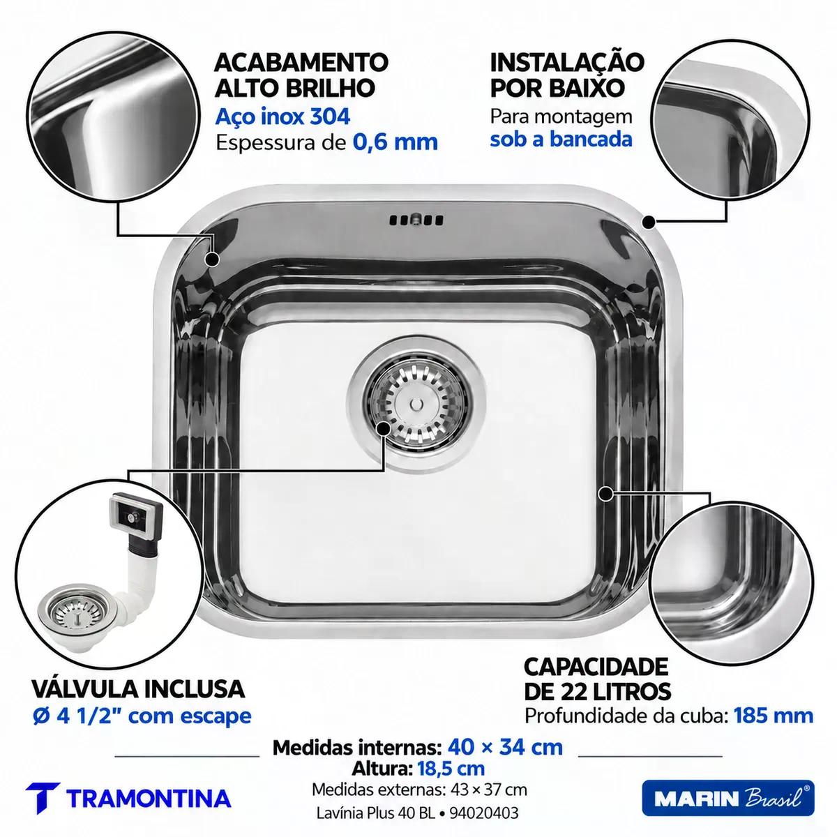 Cuba Tramontina Lavínia Plus 40 BL Inox Alto Brilho 40 x 34 cm Válvula 4 1/2 pol com Escape