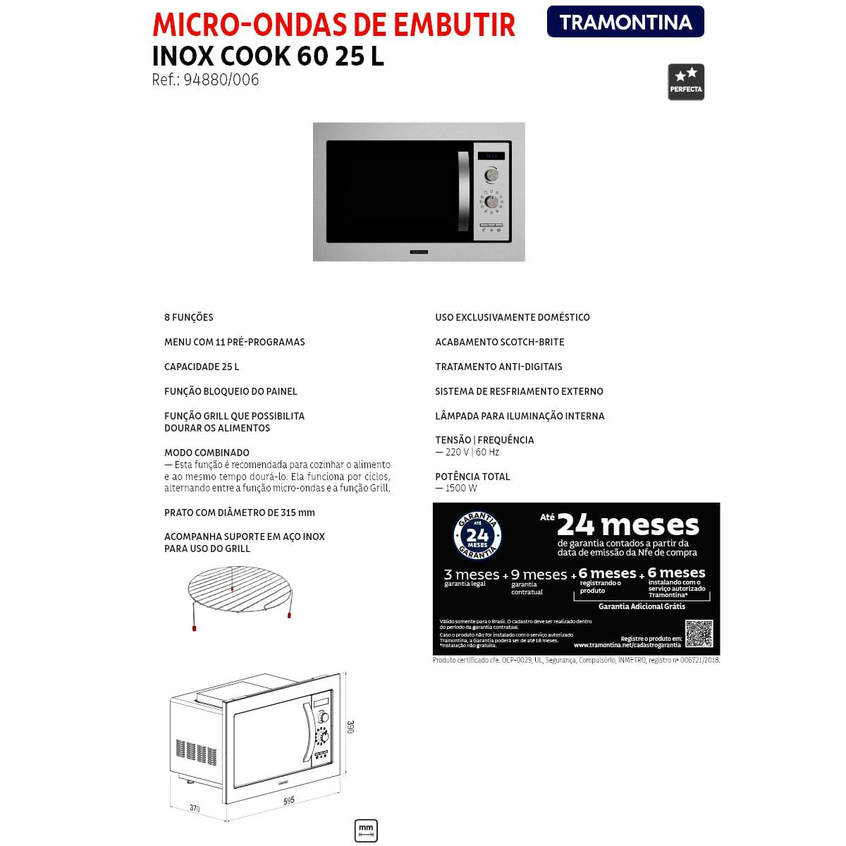 Micro-ondas de Embutir Tramontina Inox 60 25 L em Aço Inox Scotch Brite 8 Funções