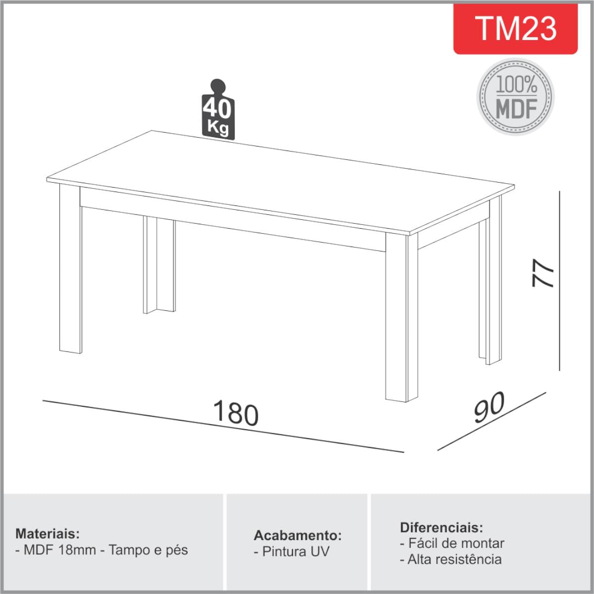 Mesa Retangular 180x90 cm em MDF 18mm Carvalho Dalla Costa TM23KK