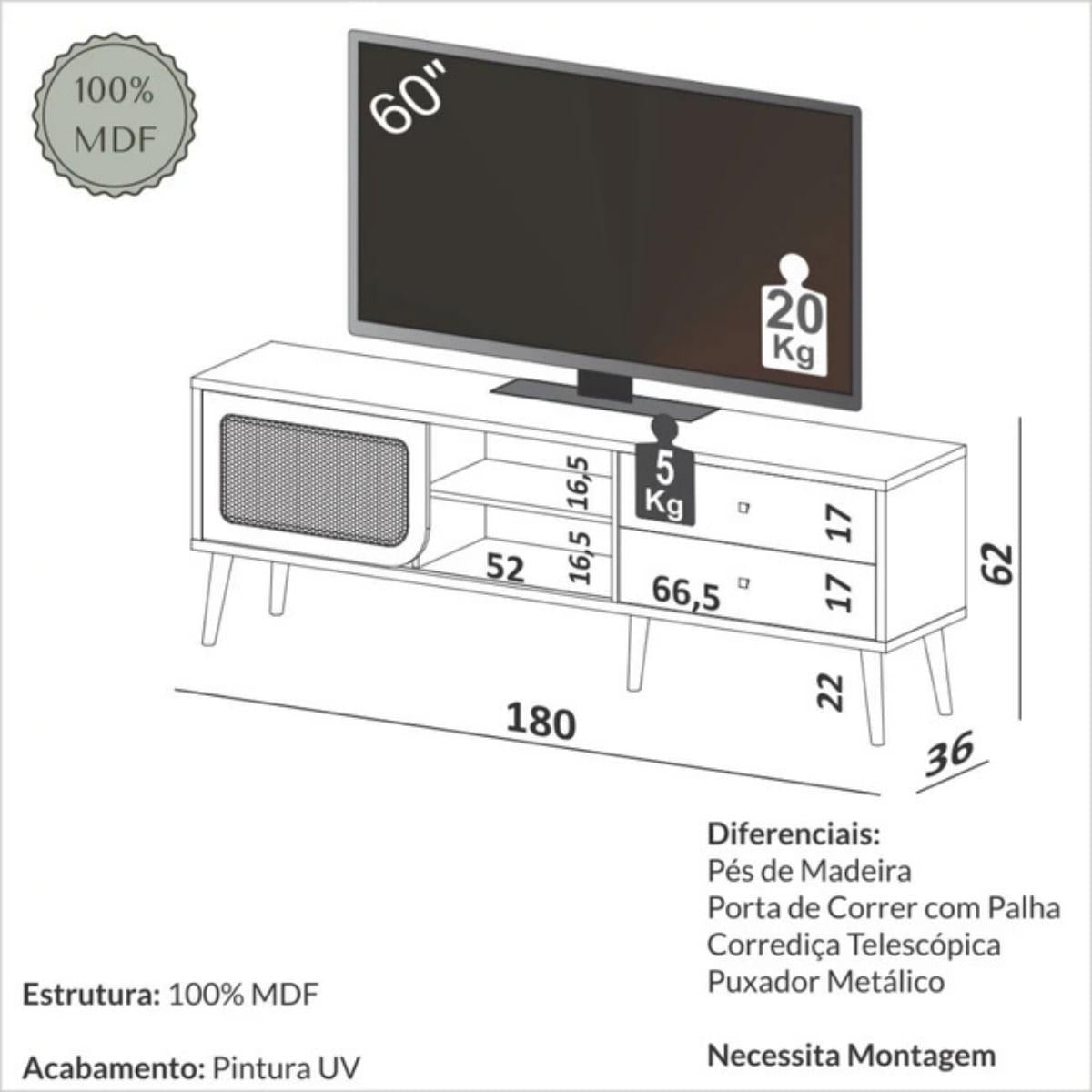 Rack Tela 180cm com Porta de Correr e 2 Gavetas Pinhão Dalla Costa