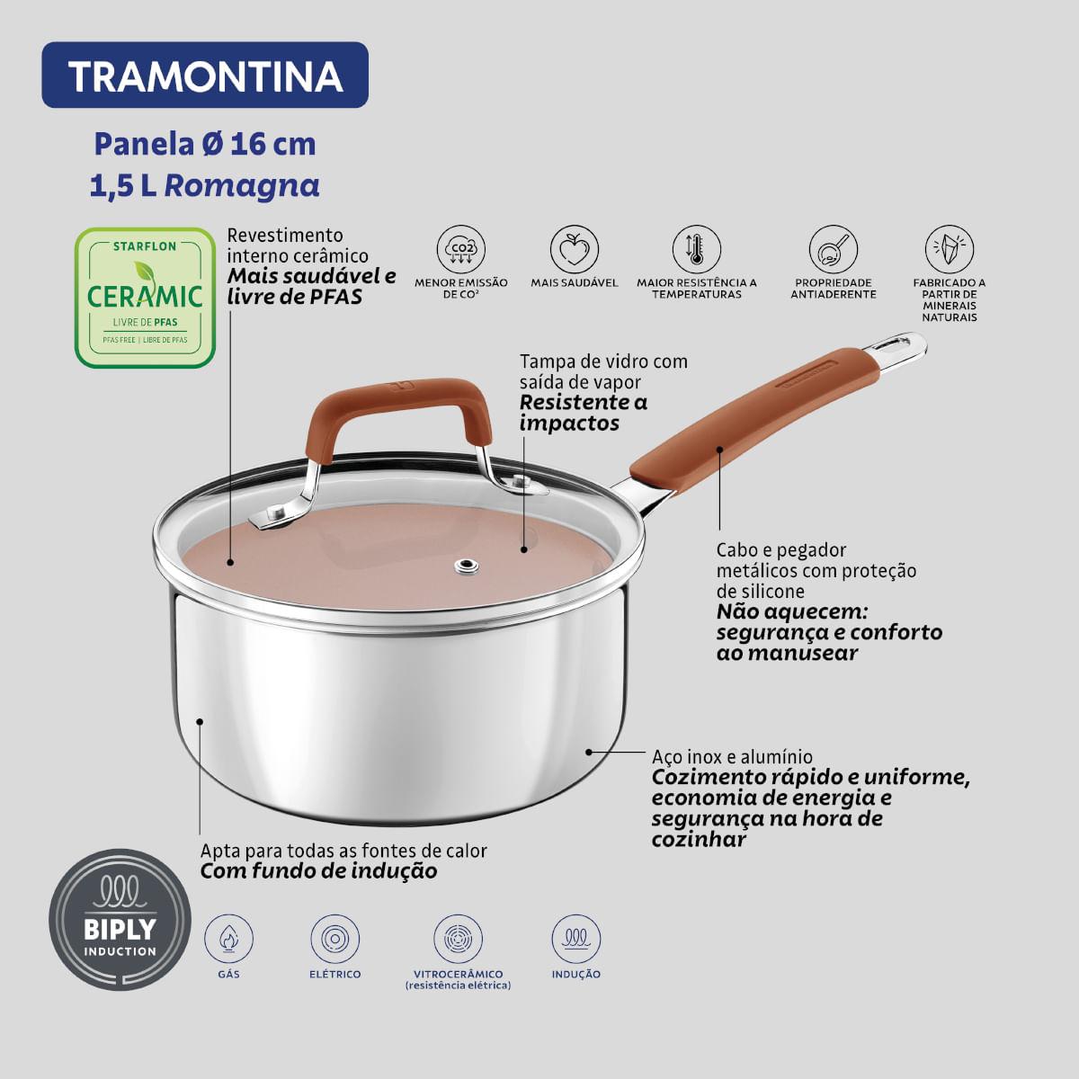 Panela Tramontina Romagna Aço Inox Cerâmico Marfim 16 cm 1,5 L