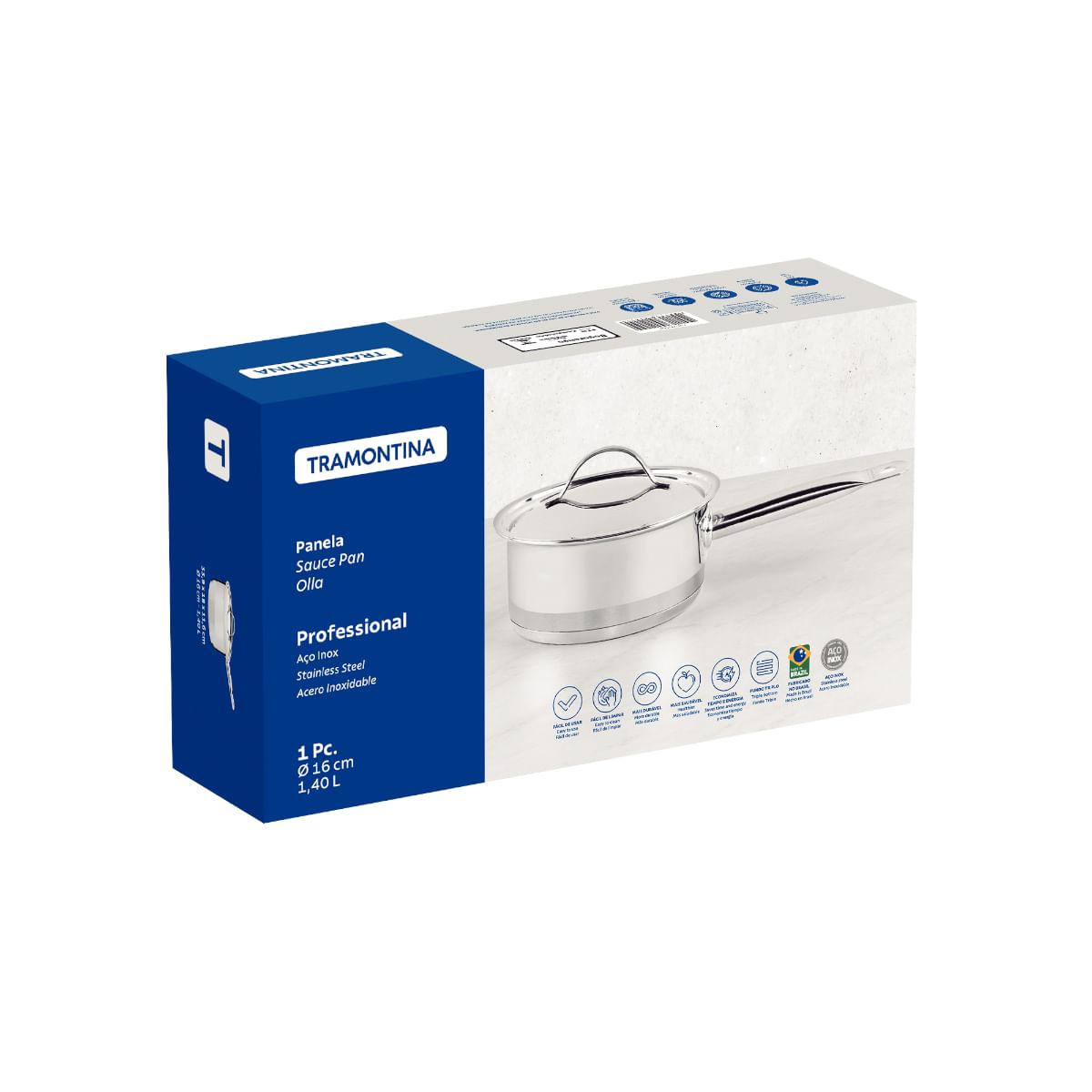 Panela Tramontina Professional Aço Inox 1,4 L com Tampa Plana e Fundo Triplo 16 cm