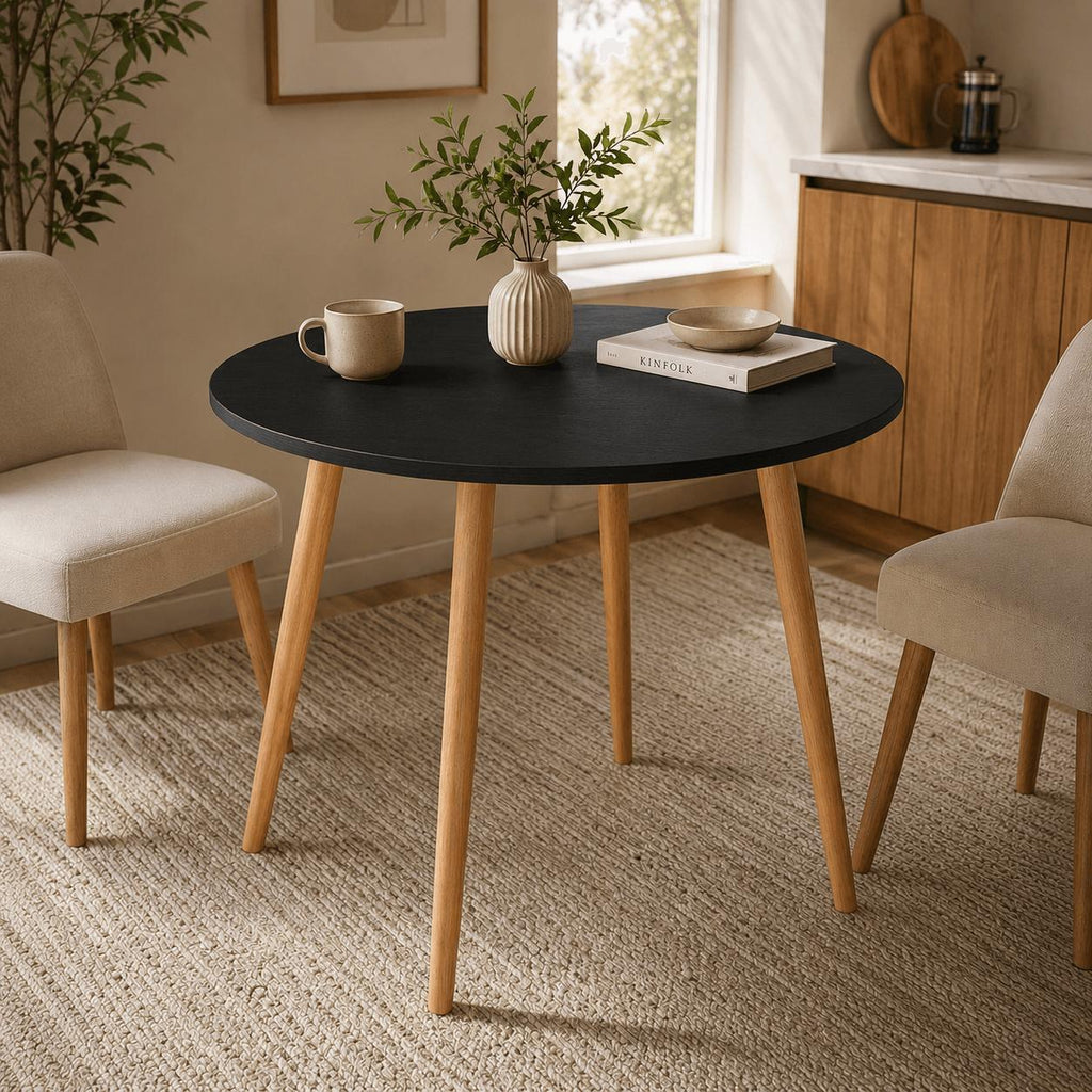 Mesa Jantar Sofia Redonda 80cm Preto Trama 18mm Pés de Madeira Natural Marin