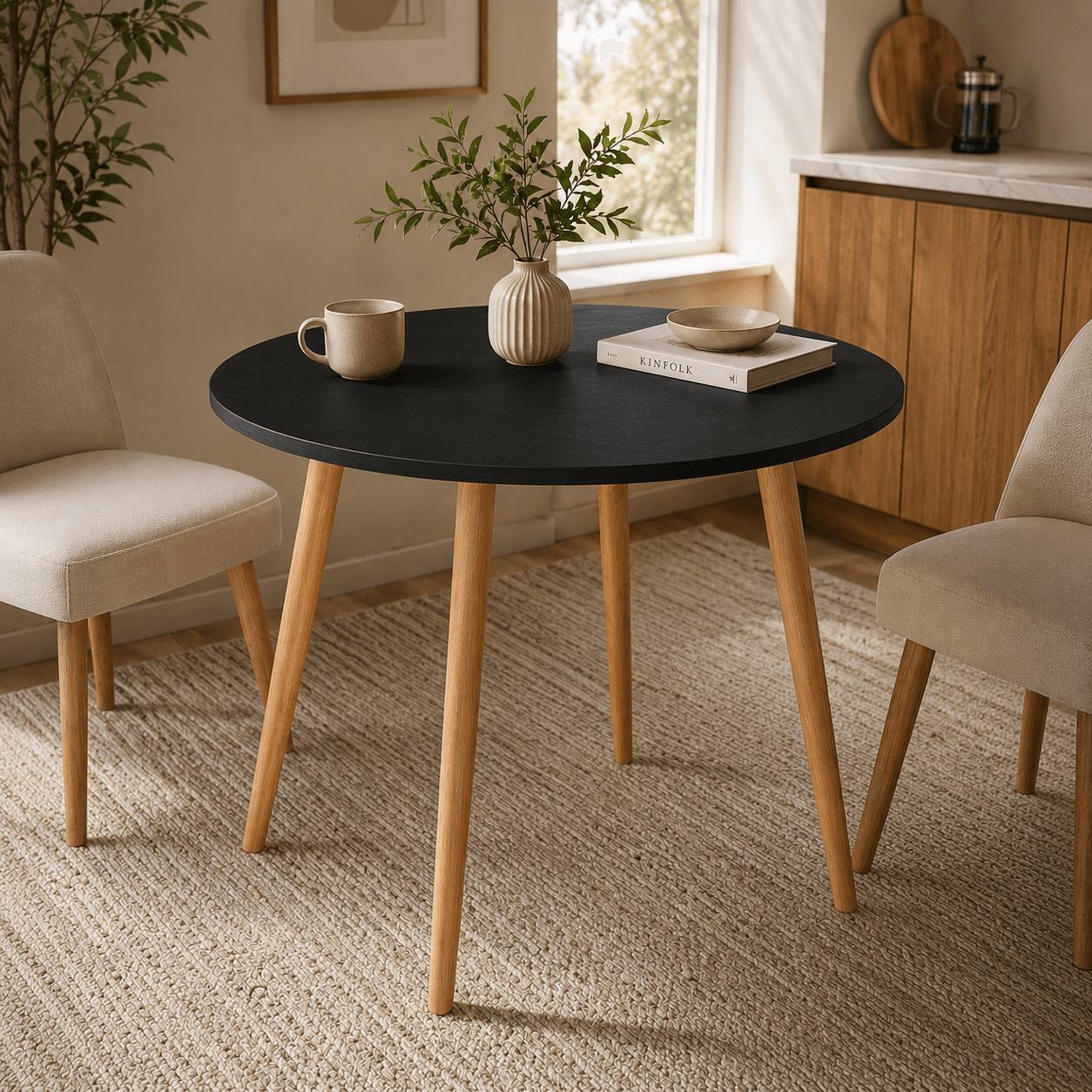 Mesa Jantar Sofia Redonda 80cm Preto Trama 18mm Pés de Madeira Natural Marin