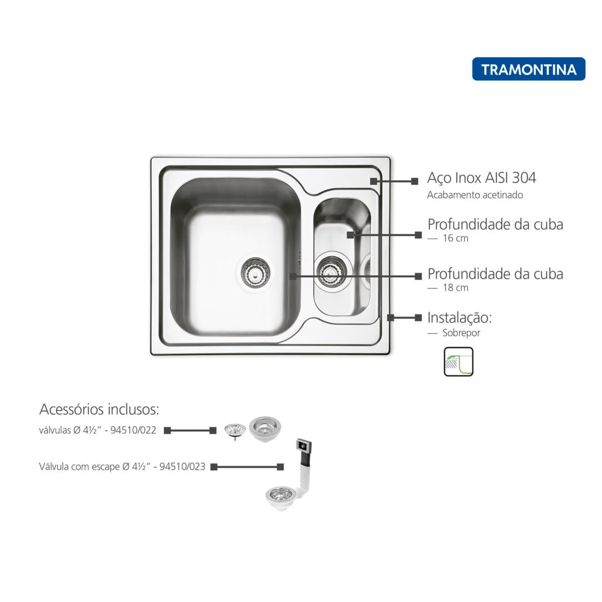 Cuba de Sobrepor Tramontina Marea 1.5 C 34 em Aço Inox Acetinado 62 x 50 cm OUTLET