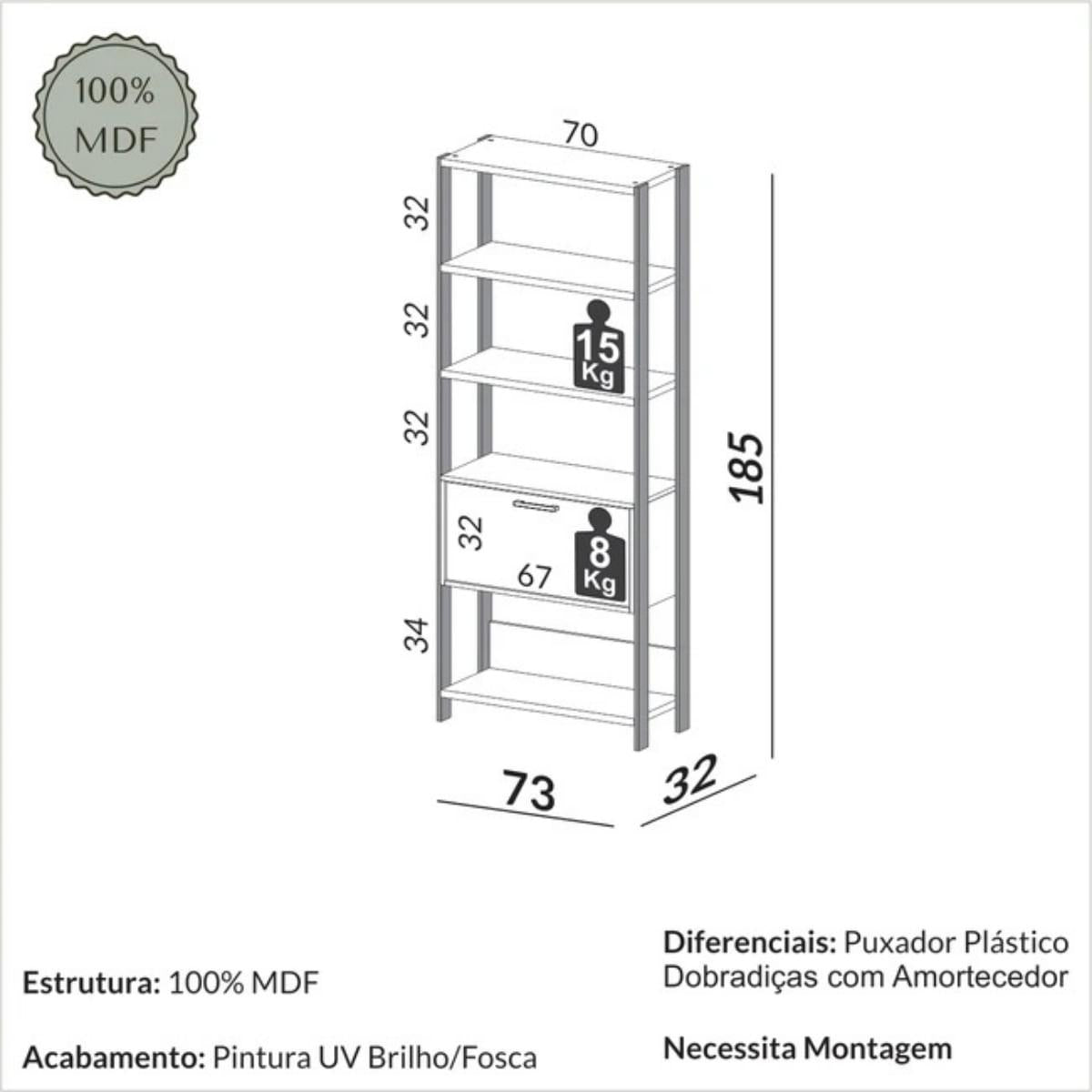 Estante 5 Prateleiras 1 `Porta Off White Freijó 73x32x185 cm Dalla Costa