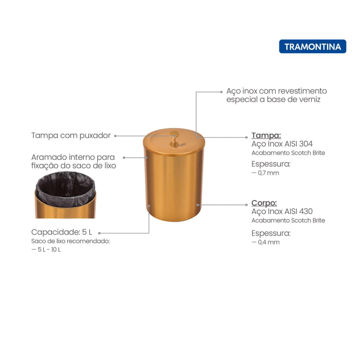 Lixeira Tramontina Útil Gold 5 Litros OUTLET