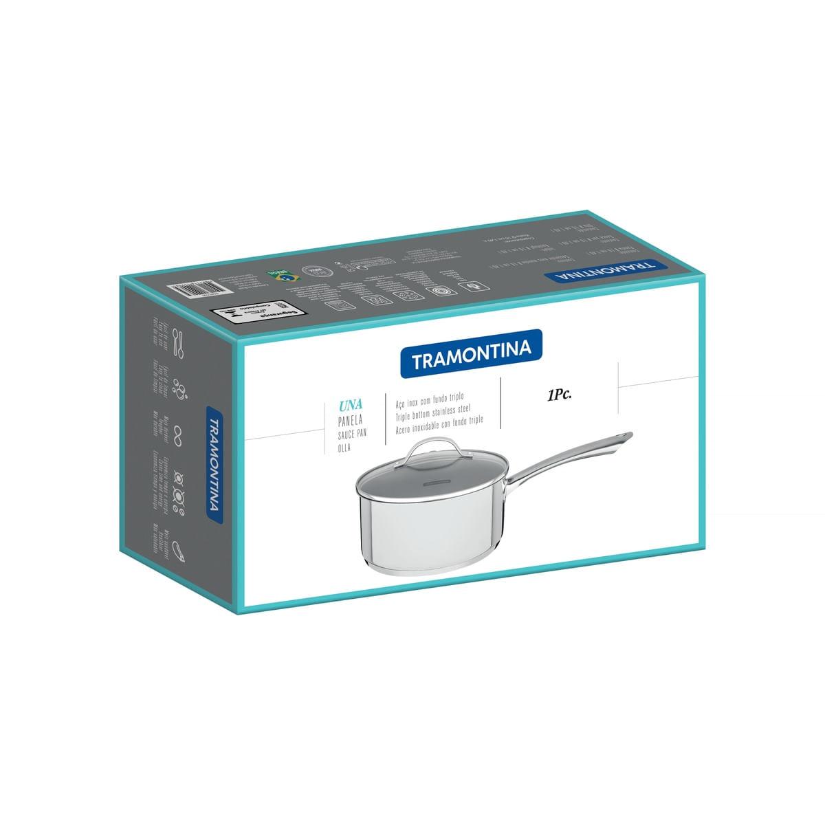 Panela Tramontina Una em Aço Inox com Fundo Triplo e Tampa de Vidro 16 cm 1,4 L