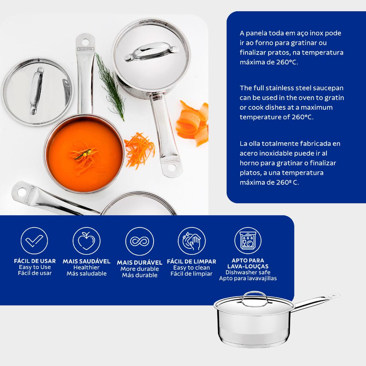 Panela Tramontina Professional Aço Inox 1,4 L com Tampa Plana e Fundo Triplo 16 cm