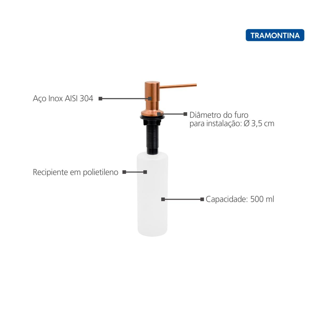 Dosador de Sabão Tramontina em Aço inox Rose Gold com Recipiente Plástico 500 ml com revestimento PVD