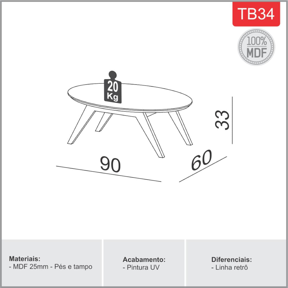 Mesa de Centro Eliptica Siena em MDF TB34 Dalla Costa Nobre/Off White 90 x 60 x 33 cm