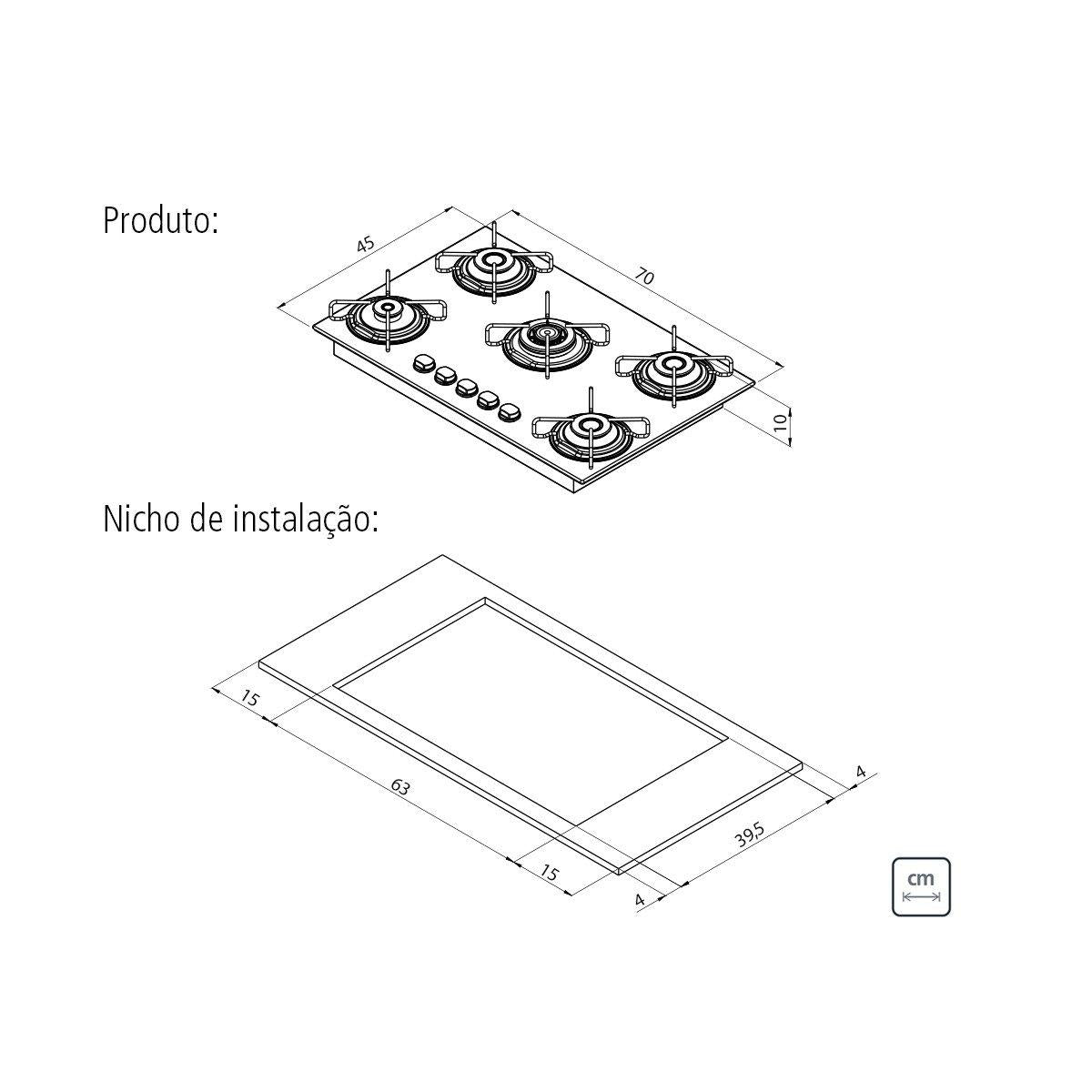 Cooktop a Gás Tramontina Brasil 5 Queimadores Vidro Preto Bivolt 70 x 45 cm Tripla Chama