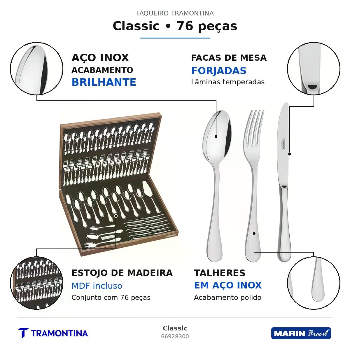 Faqueiro Tramontina Classic Aço Inox 76 Peças com Estojo de Madeira