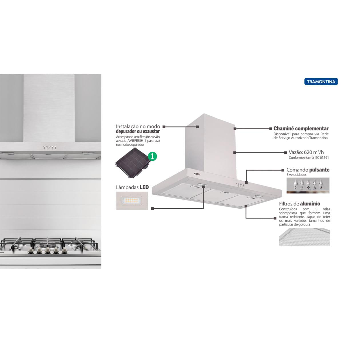 Coifa de Parede Tramontina New Dritta em Aço Inox 90 cm 127 V
