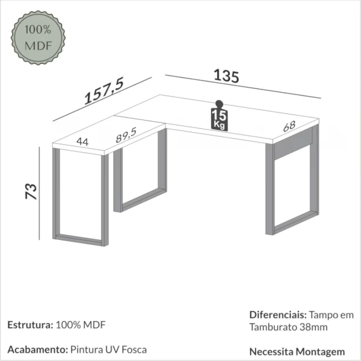 Mesa para Escritório de Canto 135x158 cm em MDF F22 Freijó/Preto Fosco Pradel Dalla Costa