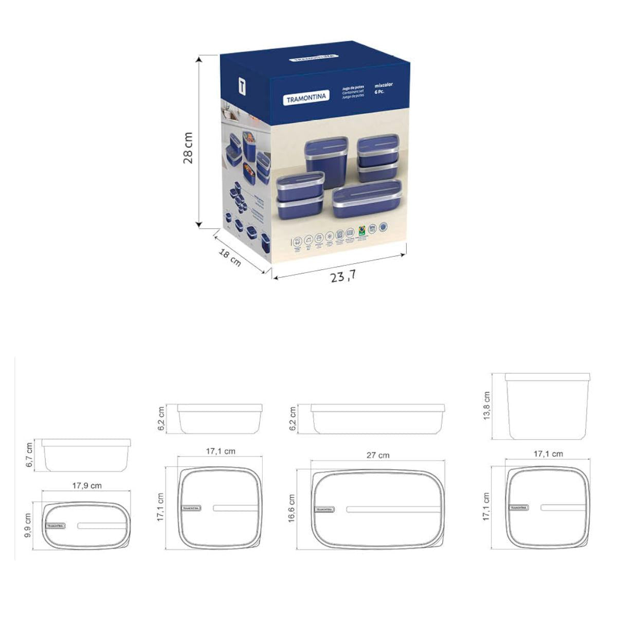 Jogo de Potes Tramontina MixColor Polipropileno Azul 6 Peças