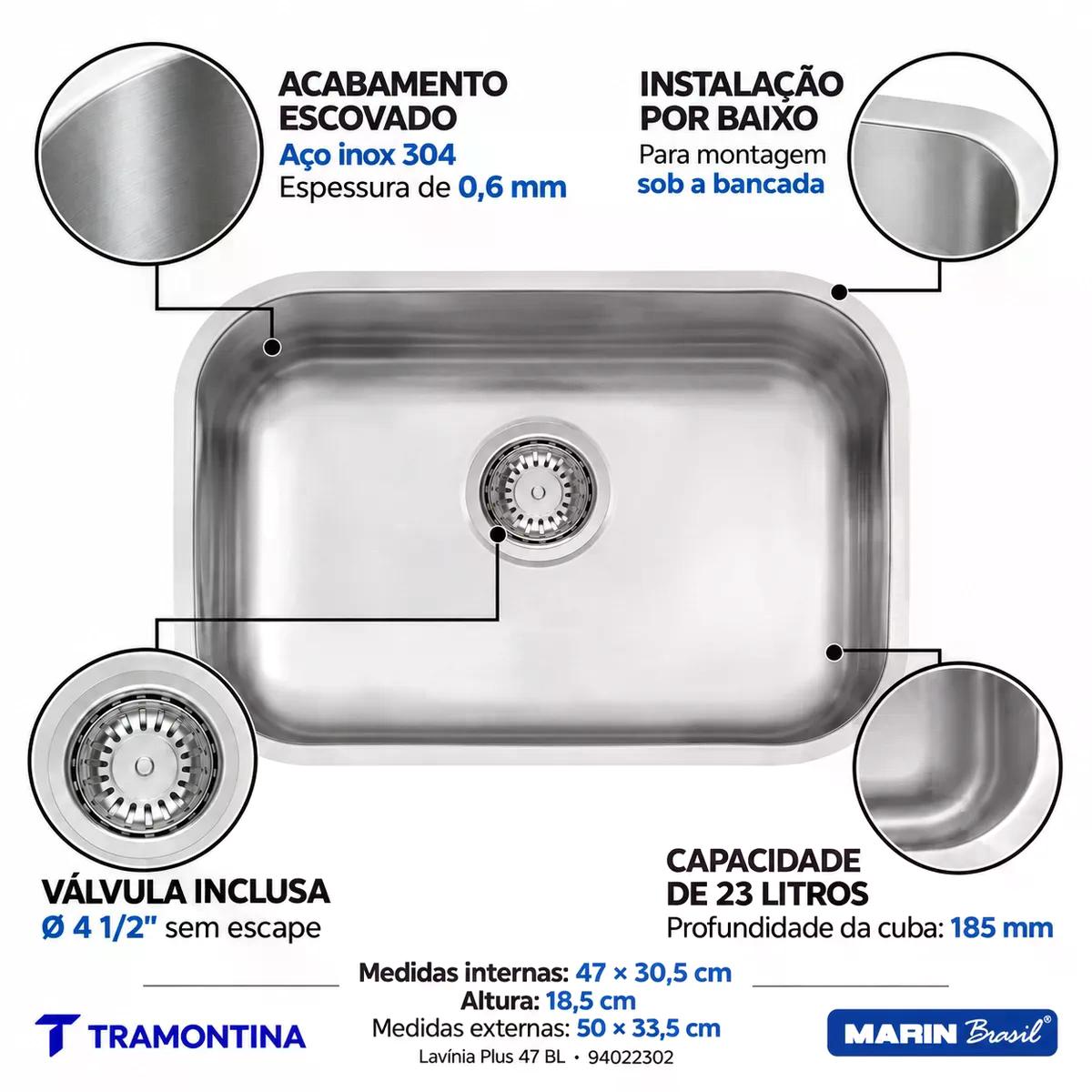 Cuba Tramontina Lavínia Plus 47 BL Inox Escovado 47 x 30,5 cm Válvula 4 1/2 pol