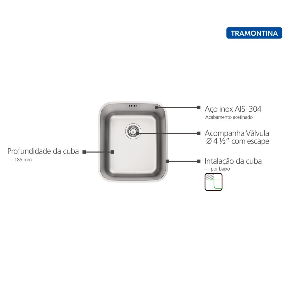 Cuba de Embutir Tramontina 34 x 40 cm Dora 34 BL em Aço Inox Acetinado com Válvula e Escape