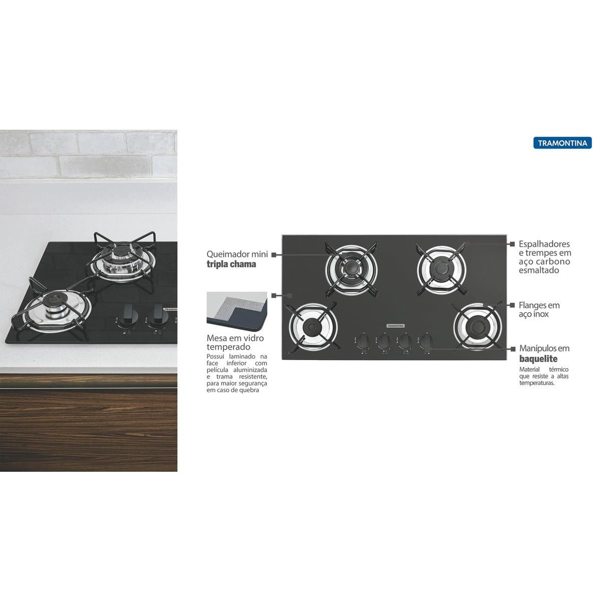 Cooktop a Gás Tramontina 4 Queimadores Brasil Trapézio em Vidro Temperado Preto