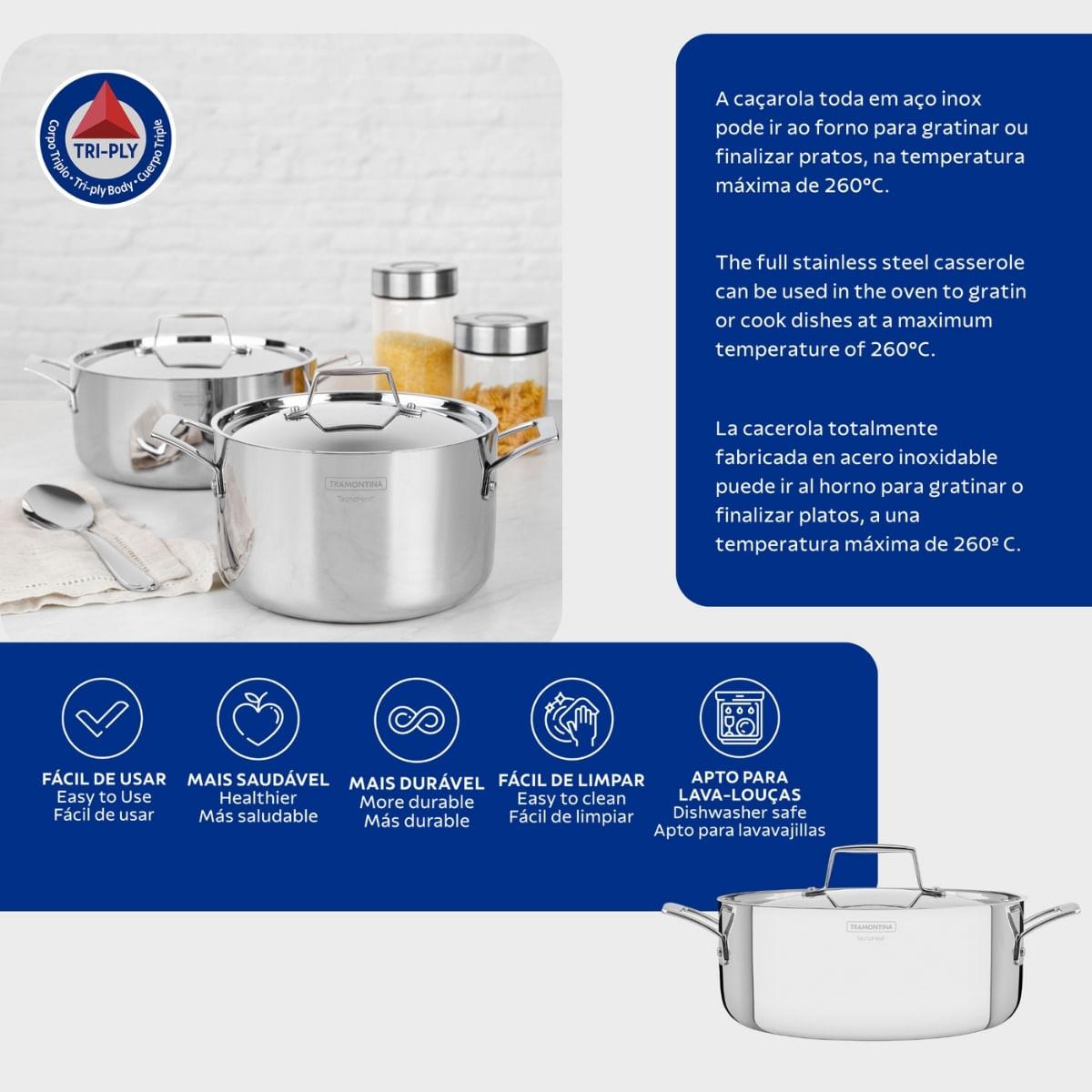 Caçarola Rasa Tramontina Grano em Aço Inox 24cm 4,7L Indução