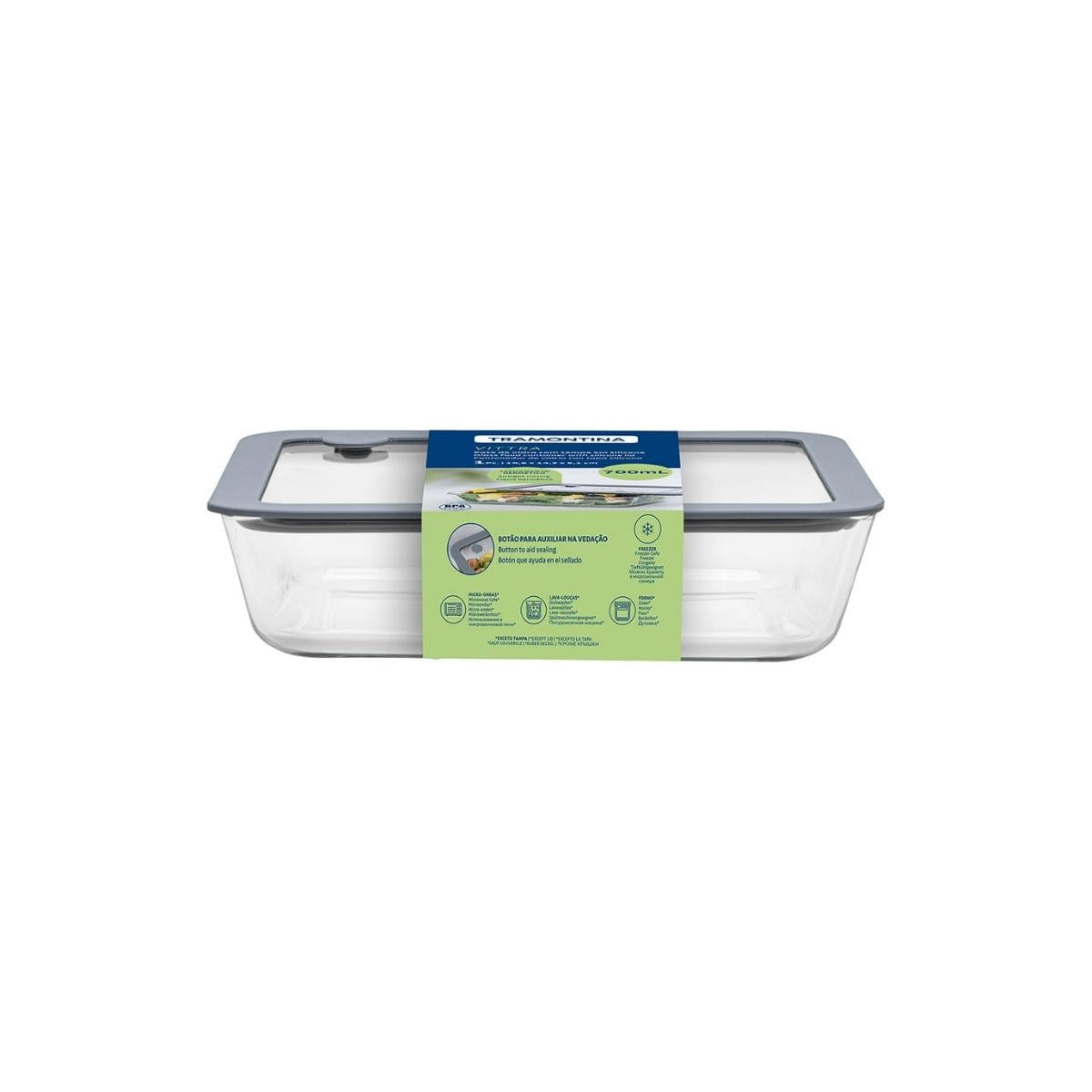Pote de Vidro Tramontina Vittra Retangular com Tampa Hermética de Silicone 0,7 L