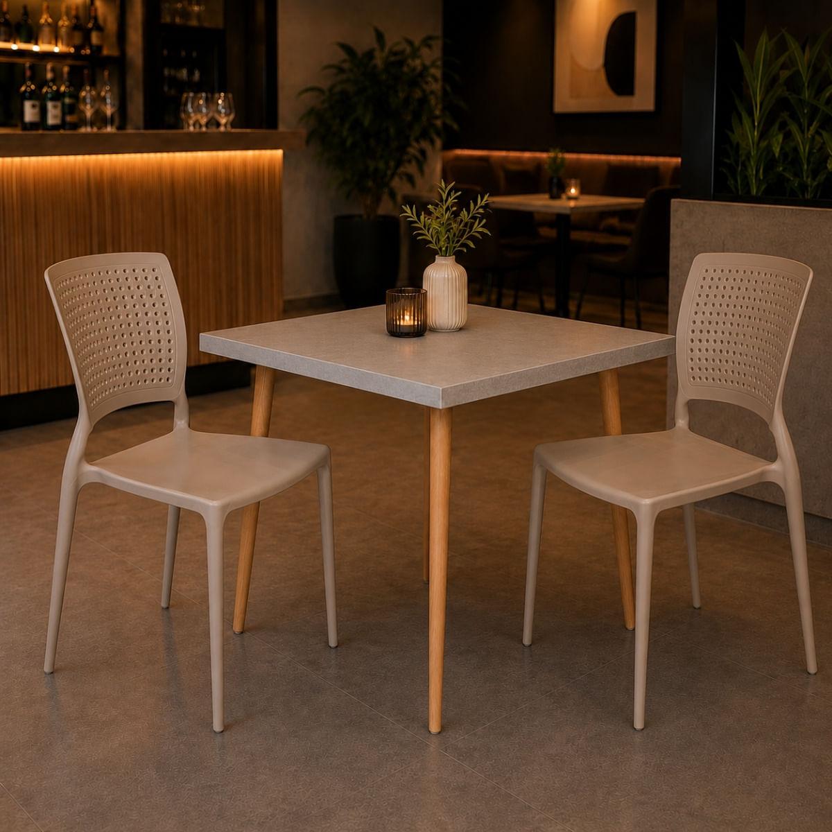 Mesa Safira Quadrada 70 cm com Tampo em MDF Camurça e Pés de Madeira Natural