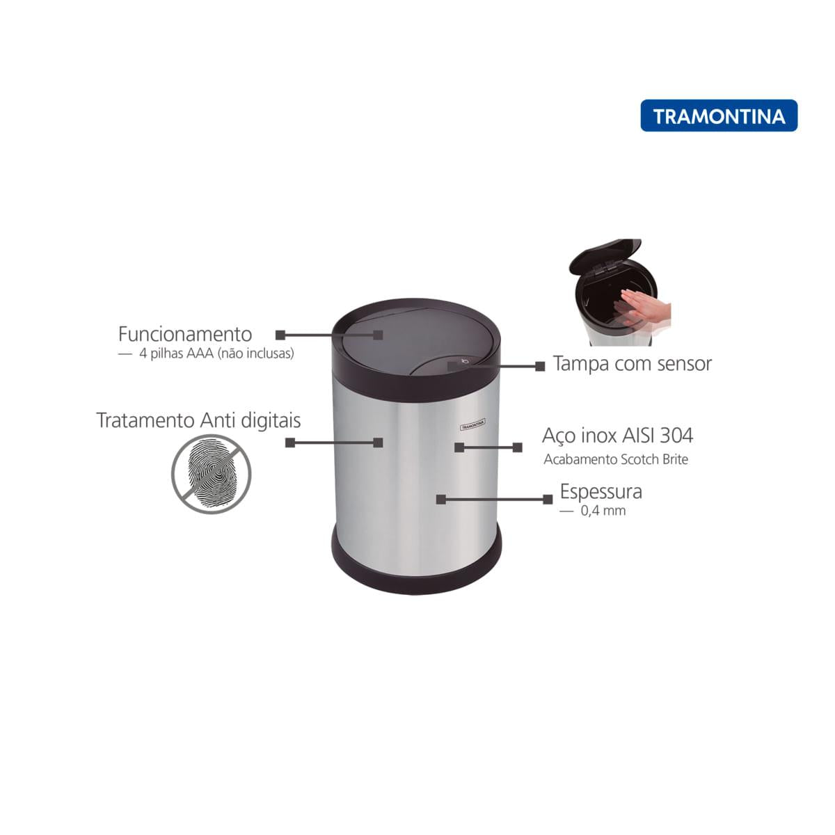 Lixeira Tramontina Smart Automática com Sensor em Aço Inox com Acabamento Scotch Brite 6 Litros