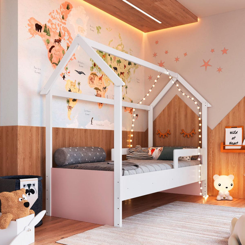 Cama Infantil Montessoriana Solteiro Branco com Rosa Completa Móveis