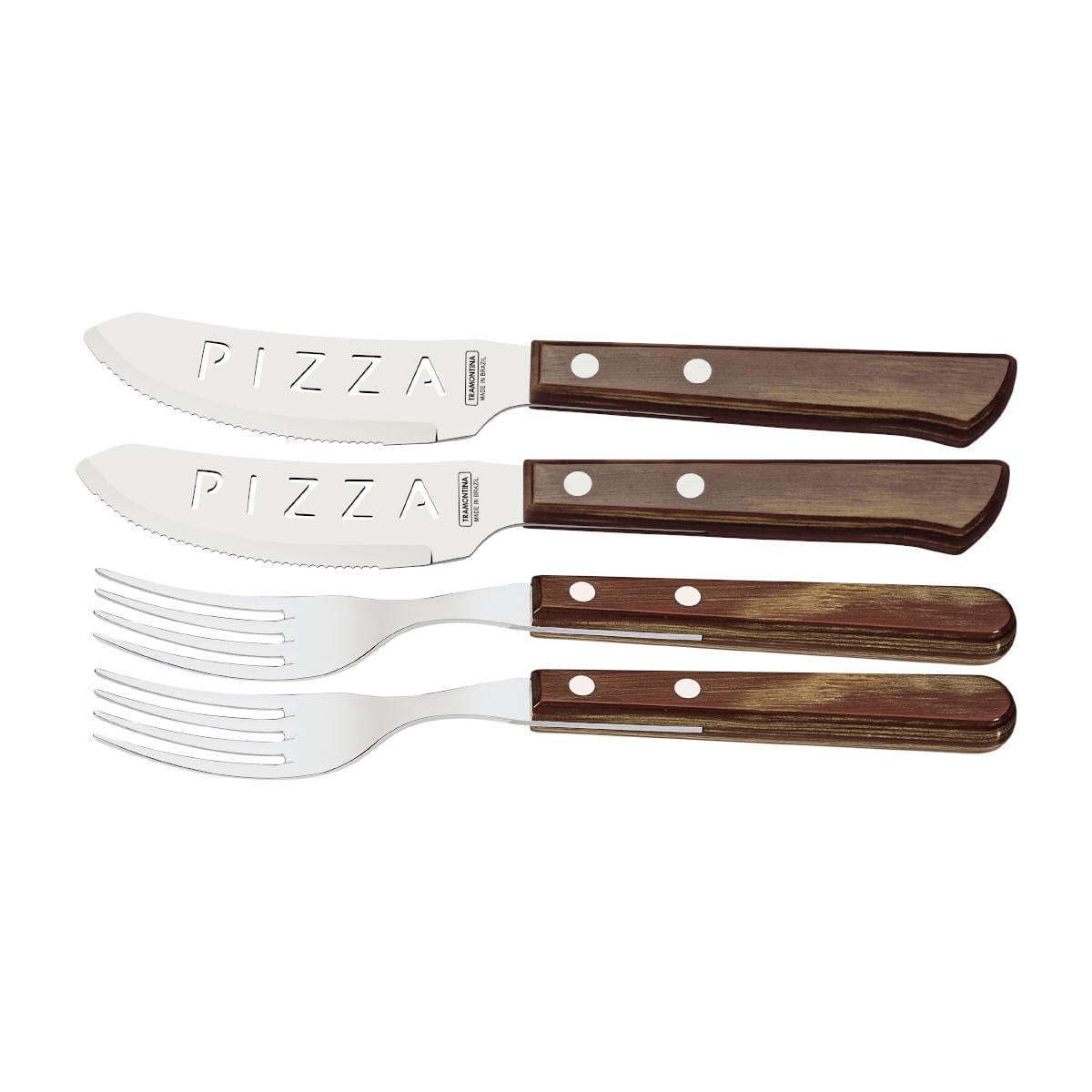 Jogo de Talheres para Pizza 4 peças Tramontina Aço Inox Cabo Castanho Estojo de Madeira