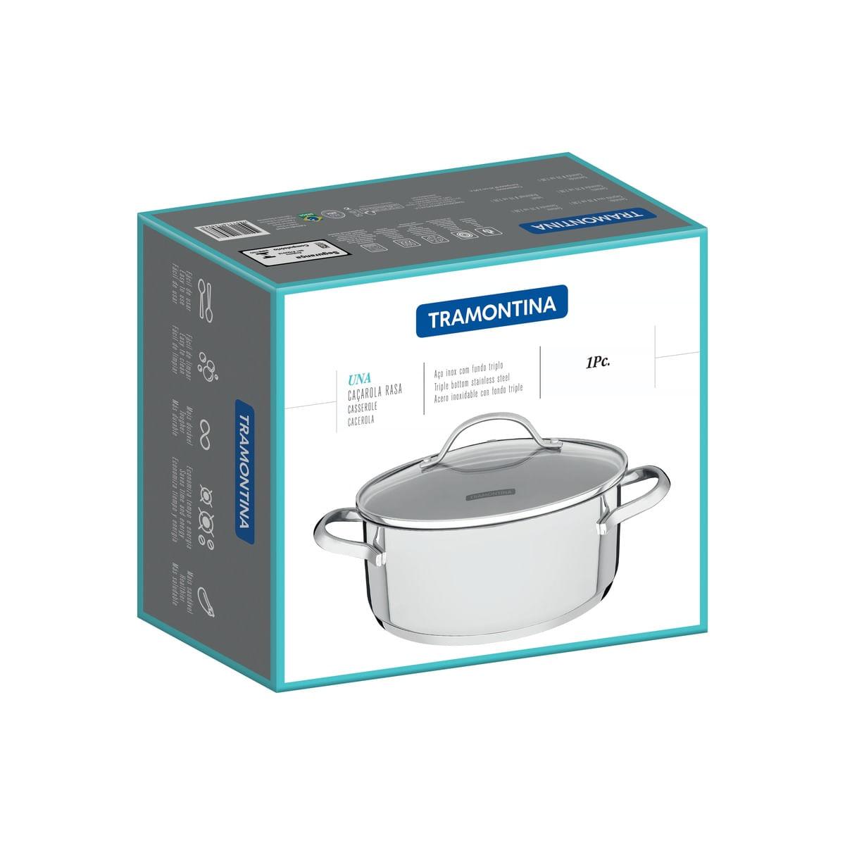 Caçarola Rasa Tramontina Una em Aço Inox com Fundo Triplo e Tampa de Vidro 16 cm 1,4 L
