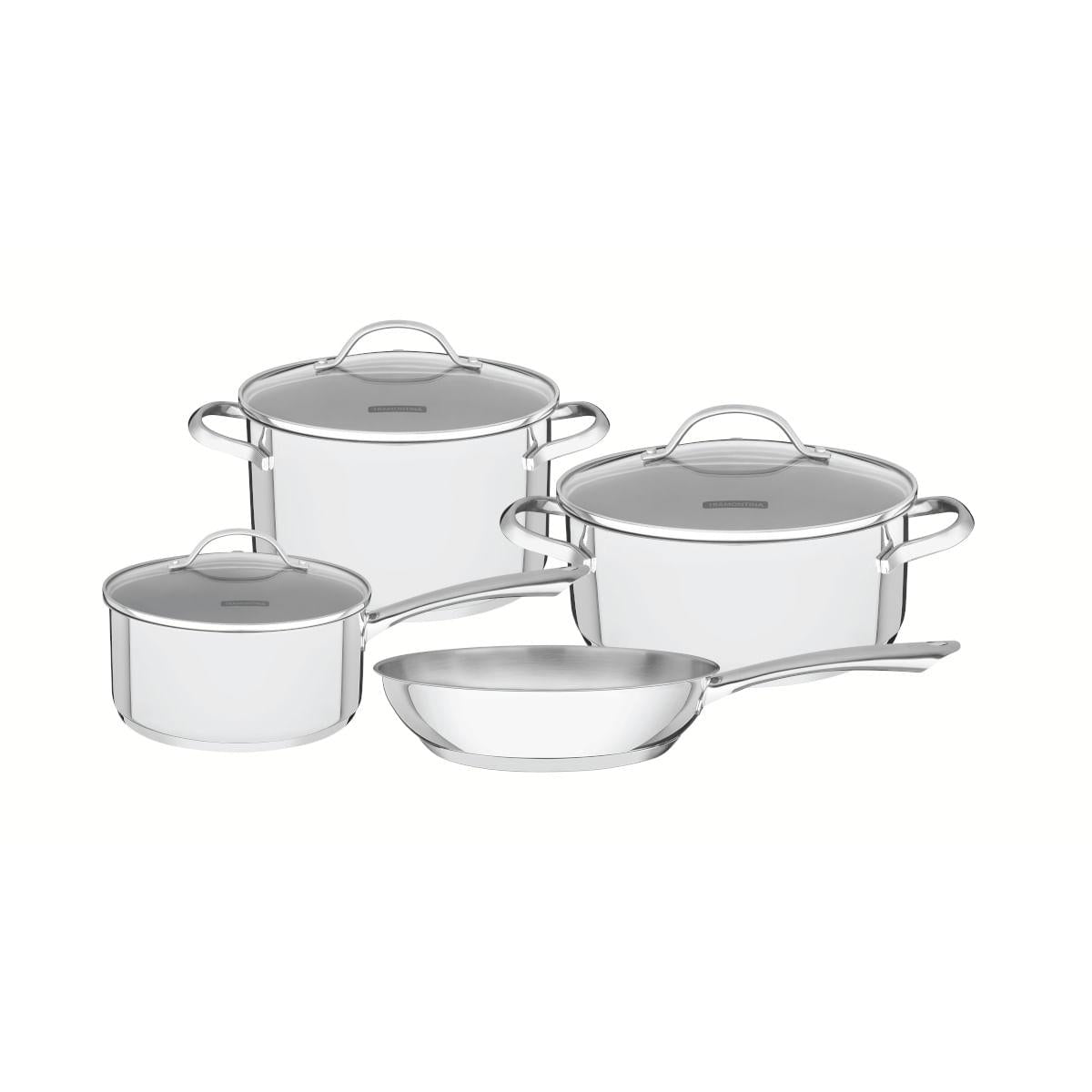 Jogo de Panelas Tramontina Una Aço Inox Fundo Triplo Tampas de Vidro 4 Peças