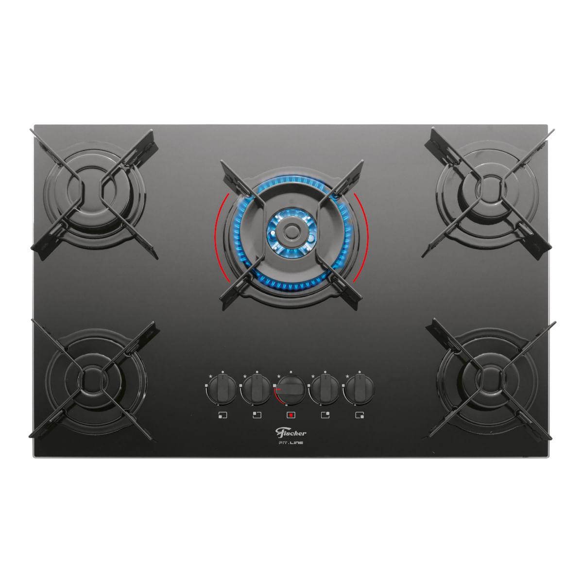Fogão Cooktop Fischer 5Q Tripla Chama Fit Line Gás Mesa Vidro