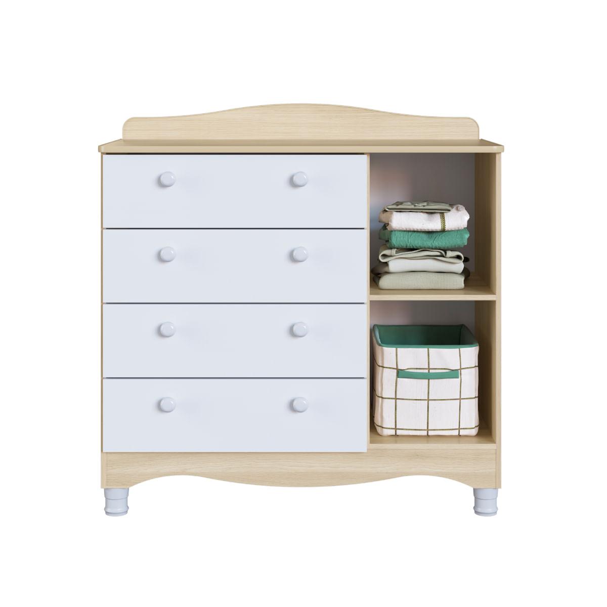 Cômoda Infantil 4 Gavetas 1 Porta Encanto Carvalho e Branco Completa Móveis